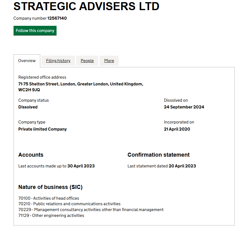 Strategic Advisers - юридические данные